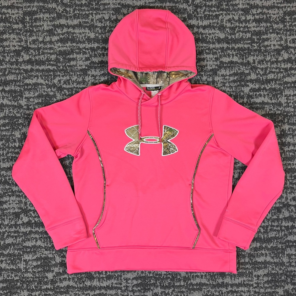 Under Armour Hoodie Womens XL Pink Camo Logo Storm Fleece Sweatshirt